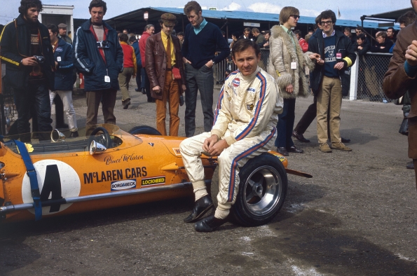 Bruce McLaren March 1970 McLaren Ford M14A before the start of the Race of Champions at Brands Hatch in Kent